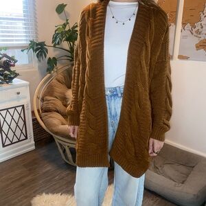Chunky Cable Knit Open Cardigan - Brown